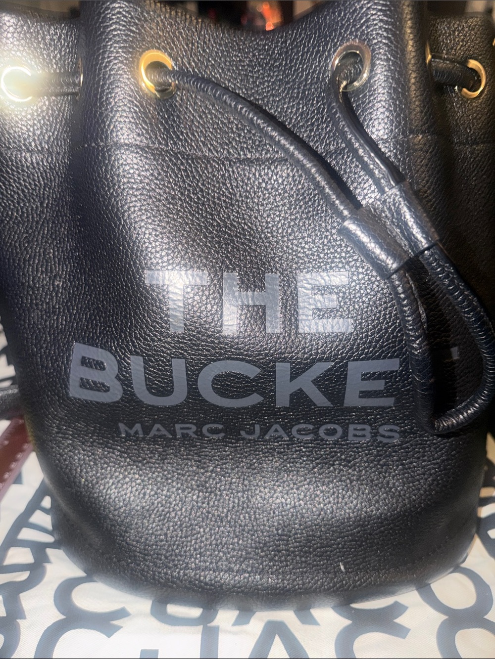 Marc Jacobs Black Pebbled Leather Drawstring Bucket Bag with Logo